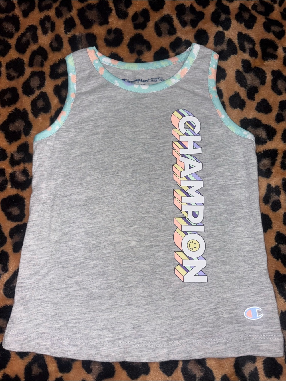 Champion Gray Tank Top with Pastel Trim Logo Smiley Graphic Toddler Girl 3T